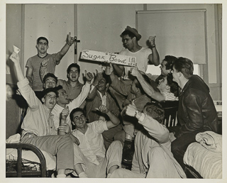 Students celebrating Saint Mary&#39;s College Sugar Bowl bid, 1946