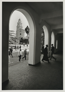 Students and a Brother walking, with a view of the chapel from Dante Entry, undated