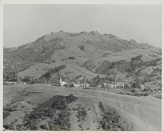 View of Moraga campus facing northeast with surrounding hills in the background, 1955