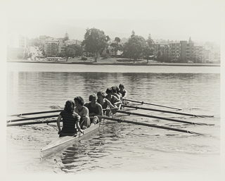 Members of the Saint Mary&#39;s College women&#39;s crew team rowing on Lake Merritt in Oakland, 1980