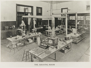 View of the interior of the chemistry laboratory for mineral assaying, 1890