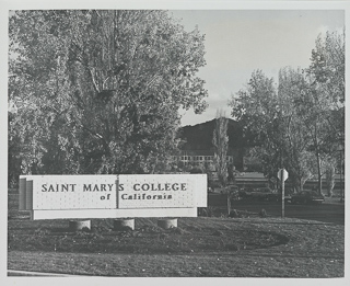 Saint Mary&#39;s College of California sign at the entrance to the college, 1980