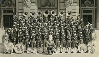 Saint Mary&#39;s College Band posing with their instruments on the steps of San Francisco City Hall, 1930