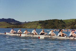 Members of the Saint Mary&#39;s College women&#39;s crew team rowing, 1995