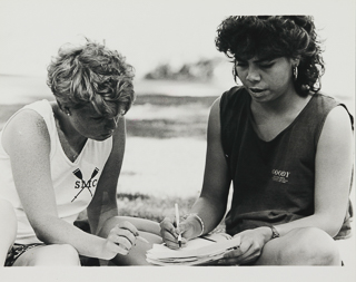 Two members of the Saint Mary&#39;s College women&#39;s crew team, 1986