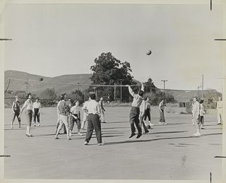 Volleyball game with young men and women playing on mixed teams, 1948