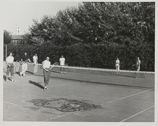 Men and women playing tennis on the Saint Mary&#39;s College courts, 1948