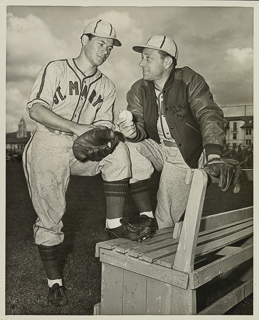 Herman John Wedemeyer posing with baseball coach Johnny Vergez, 1947