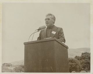 Herman John Wedemeyer giving a speech on campus, 1980