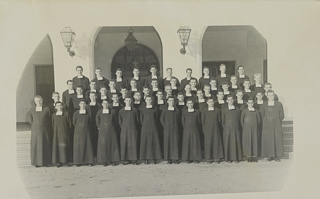 Student Brothers group photo in front of Galileo Hall, 1952