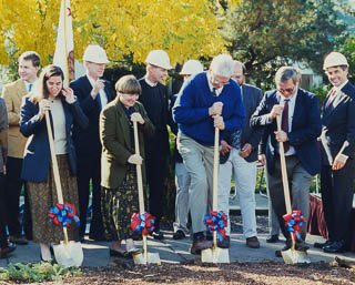 Science faculty breaking ground at the construction site for Brousseau Hall, 1997