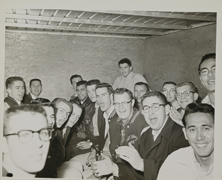 Students celebrating on the way to a basketball game at the University of the Pacific, February 26, 1957