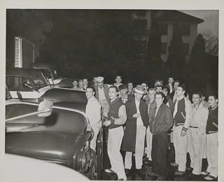 Students on the way to a basketball game at the University of the Pacific, February 26, 1957