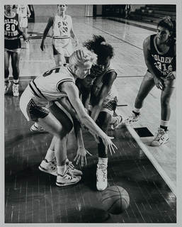 Anja Bordt of Saint Mary&#39;s College struggles for the ball in a game against Florida International University Golden Panthers, 1990