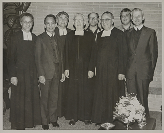 Superior General Brother Pablo Basterrechea standing with others during his visit to Saint Mary&#39;s College, March 1981