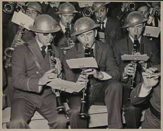 Members of Saint Mary&#39;s College Band playing their instruments at a football game against UC Berkeley, October 2, 1948