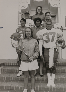 Student athletes standing on steps of the Moraga campus, October 1992