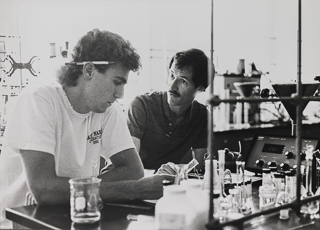 Professor Steve Bachofer and a student in a chemistry lab, 1990