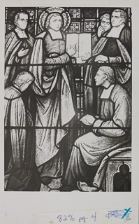 Stained glass portrayal of Saint John Baptist de La Salle presenting the Common Rule, undated