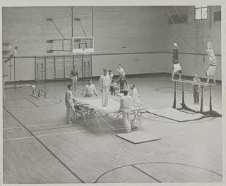 Students in the gymnasium using gymnastics equipment, 1970