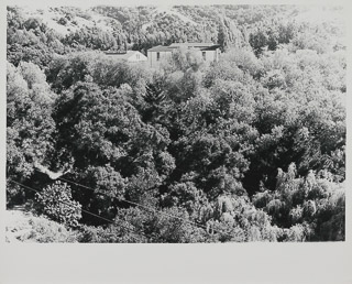 View of the gymnasium from the Moraga Bluffs with the pool roof in background, May 8, 1972