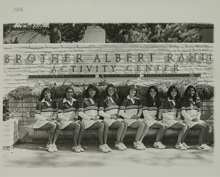 Song Girls or cheerleaders in front of Brother Albert Rahill Activity Center, 1983