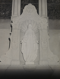 Altar statue of Mary with shell and pelican iconography, undated