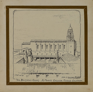 Charcoal drawing showing the Brothers&#39; Court with a view of the chapel, September 26, 1927