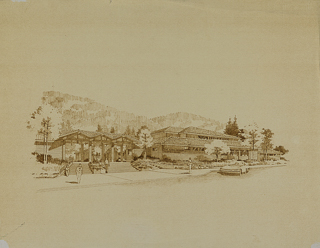 Charcoal drawing reproduction of Soda Center and Claeys Lounge, 1986