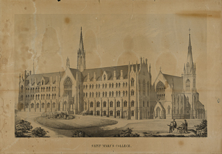 Drawing of proposed Saint Mary&#39;s College campus showing the chapel and steeple tower, 1860