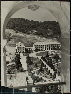 View from the Chapel Tower toward southwest of Aquinas and Augustine Halls with gardens and plazas, 1947