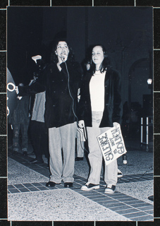 Two female students protesting at a Take Back the Night rally, March 10, 1998